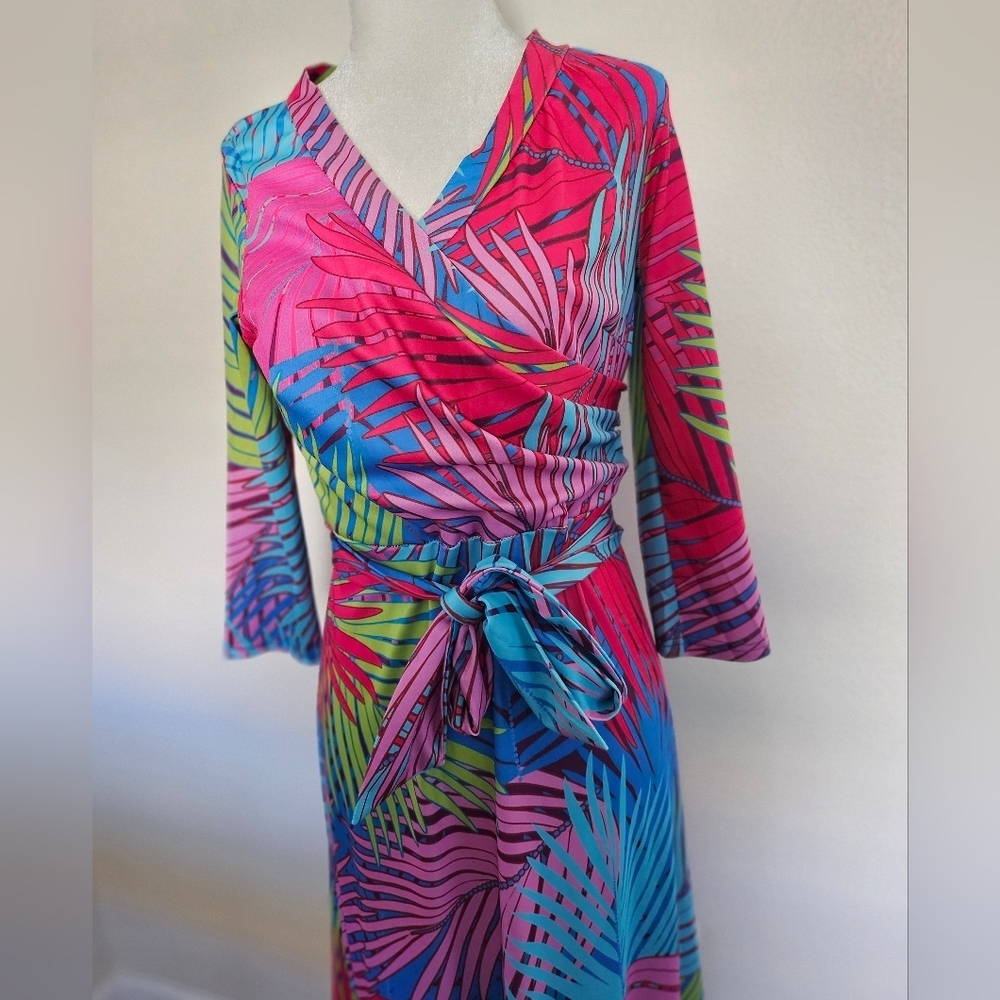 Tropical Multicolor Women's Palm Print Faux Wrap Maxi Dress Casual Size M. - Picture 3 of 8